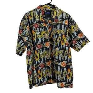 Vtg Dragonfly Clothing Shirt Mens L Black Short Sleeve Button Dragon Fire Y2K
